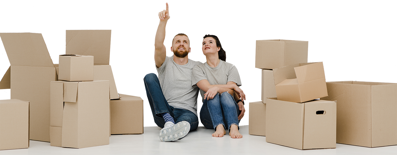 Couple sitting with packaging boxes next to them - ABC Packaging offers quality cartons and boxes, packaging boxes, small boxes learn more about packaging.